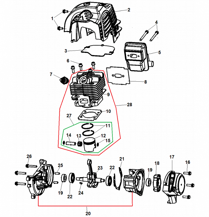1 ПОРШЕНЬ - ЦИЛИНДР - СВЕЧА - КОЛЕНВАЛ ТРИММЕР CHAMPION Т275-2